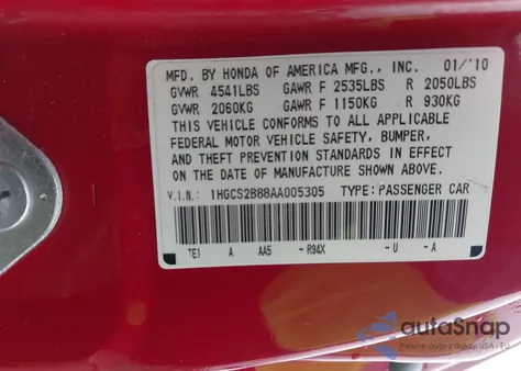 2010 Honda Accord 3.5 Ex-L z USA, uszkodzony, nr VIN 1HGCS2B88AA005305